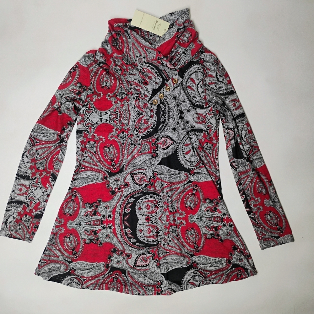 NWT Miusey Women’s Medium Paisley Cowl Neck Long Sleeve Tunic Top Red Gray Black